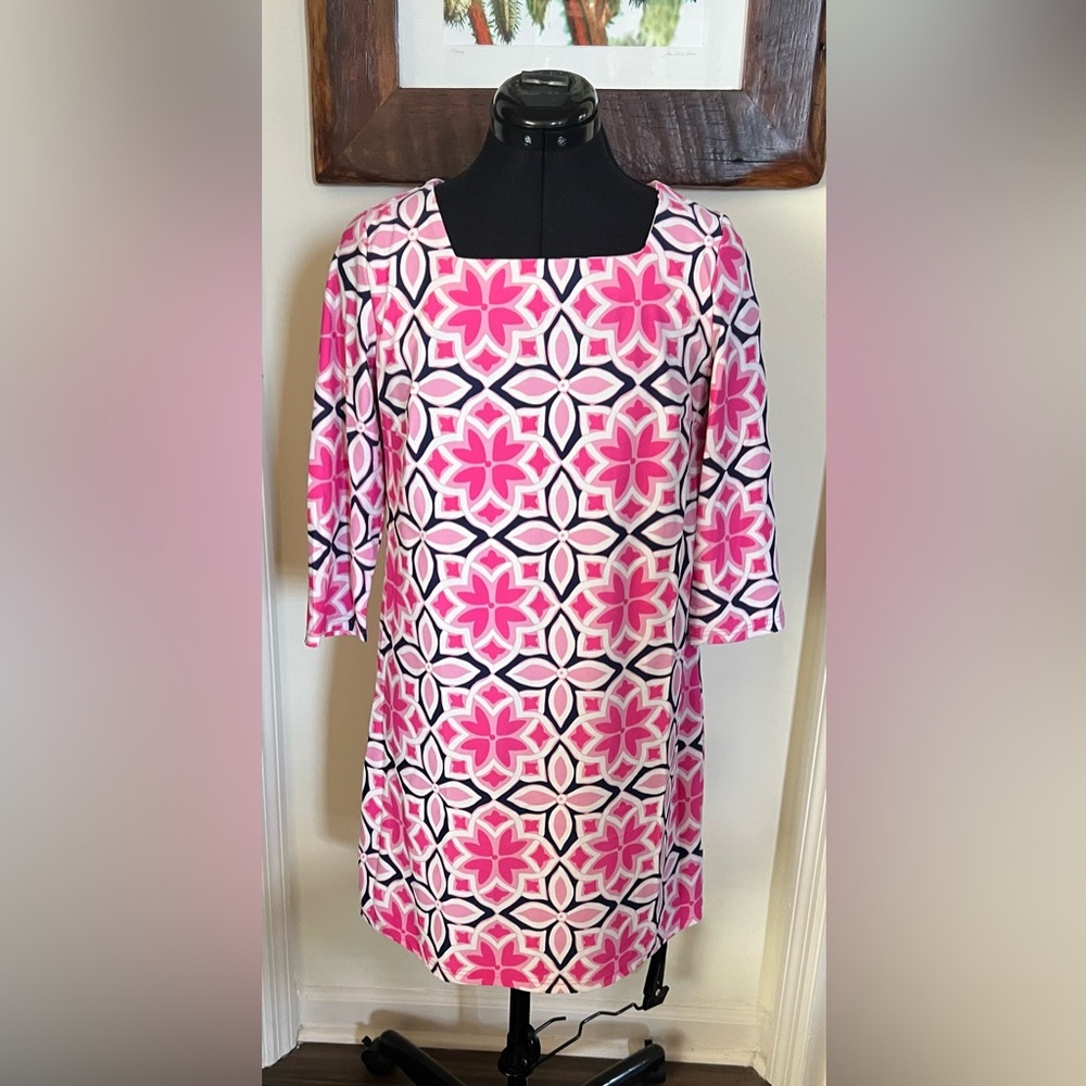 Pink and White Geometric Pattern Dress